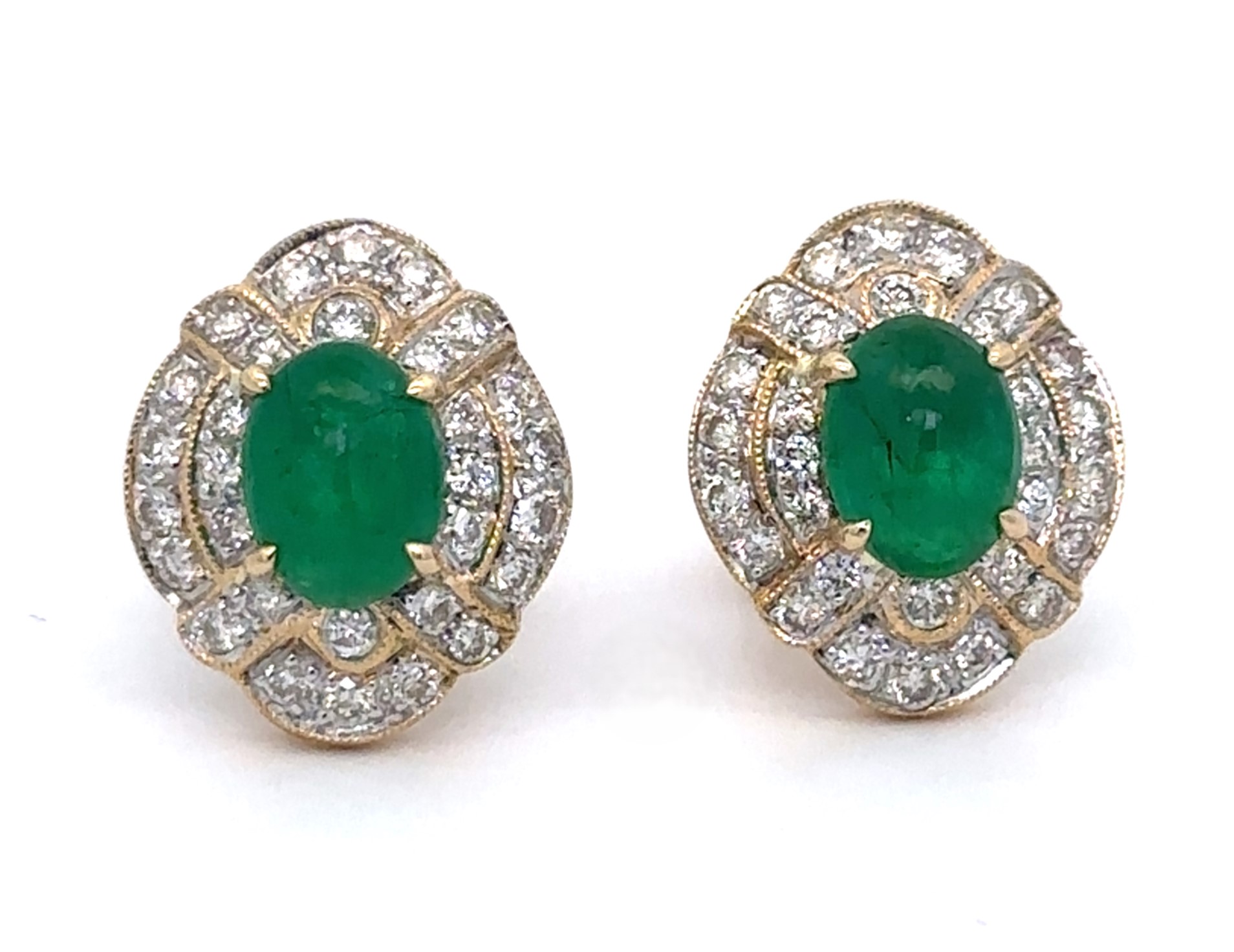 Over 2.5 Carats Cabochon Emeralds Diamond Yellow Gold Earrings