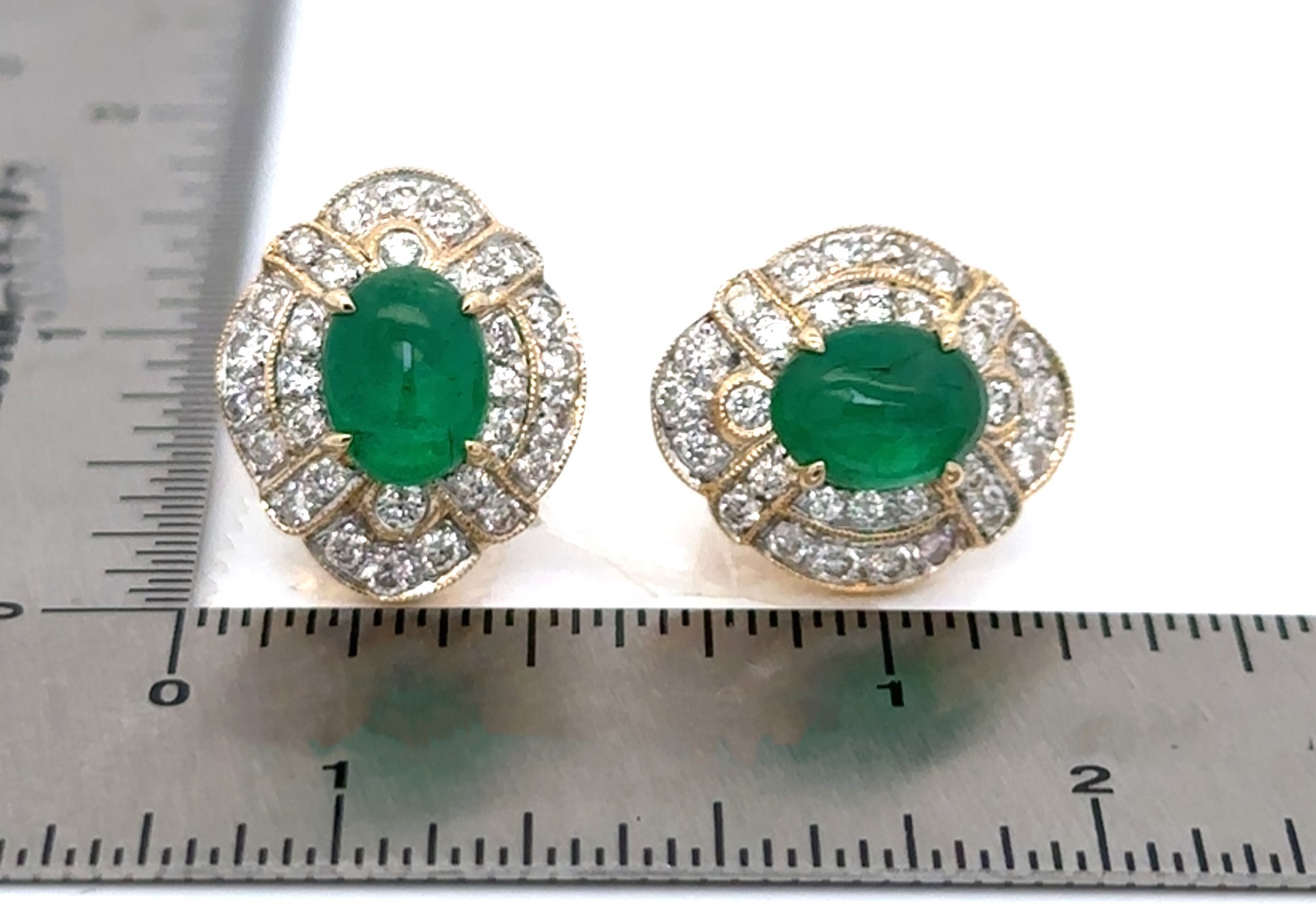Over 2.5 Carats Cabochon Emeralds Diamond Yellow Gold Earrings