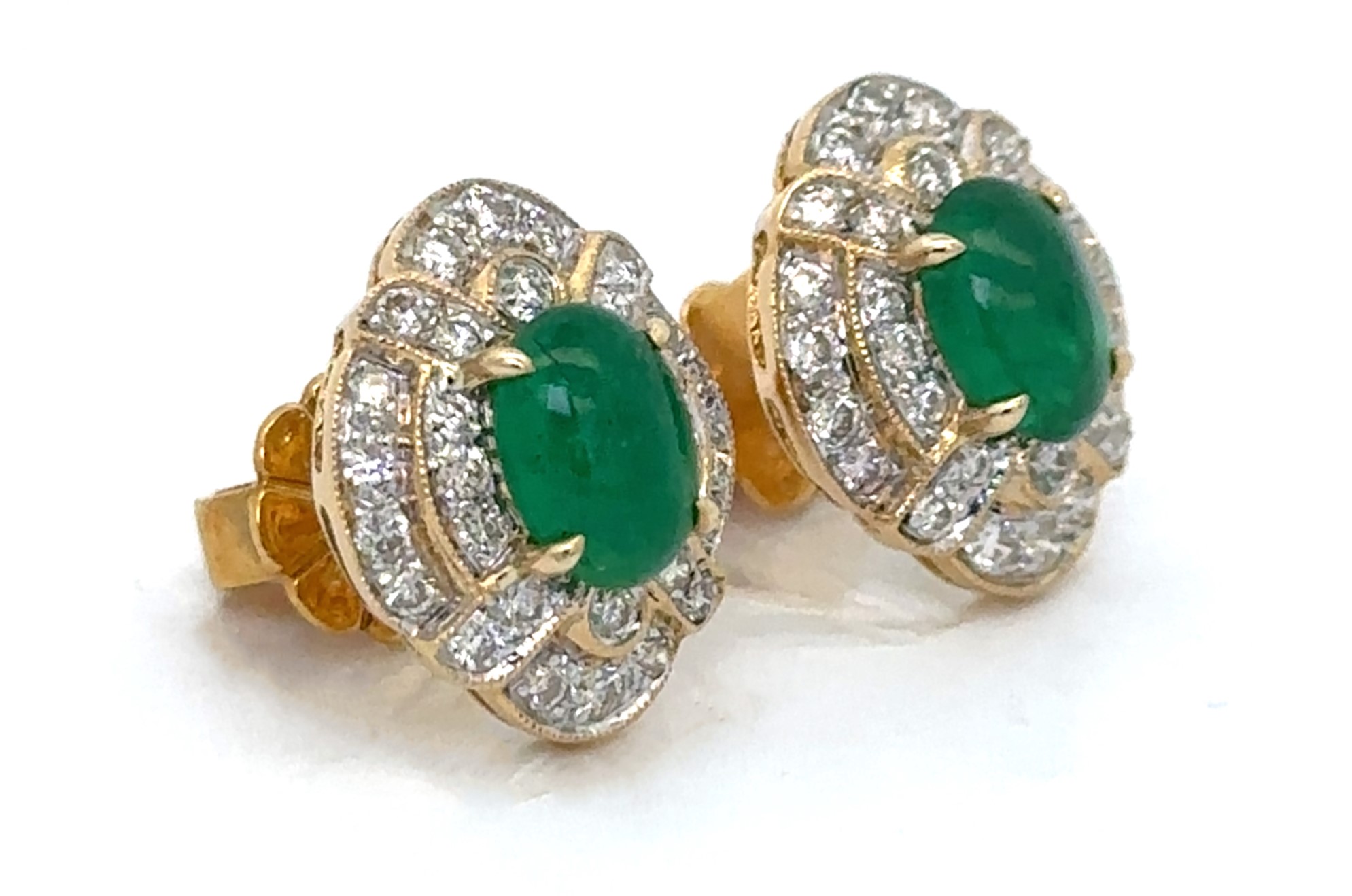Over 2.5 Carats Cabochon Emeralds Diamond Yellow Gold Earrings