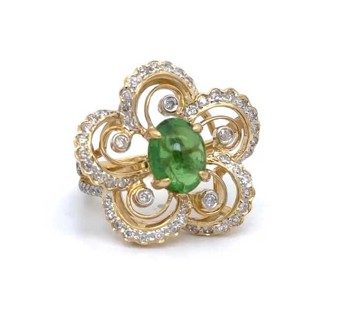 Floral Design Tsavorite Diamond Yellow Gold Ring