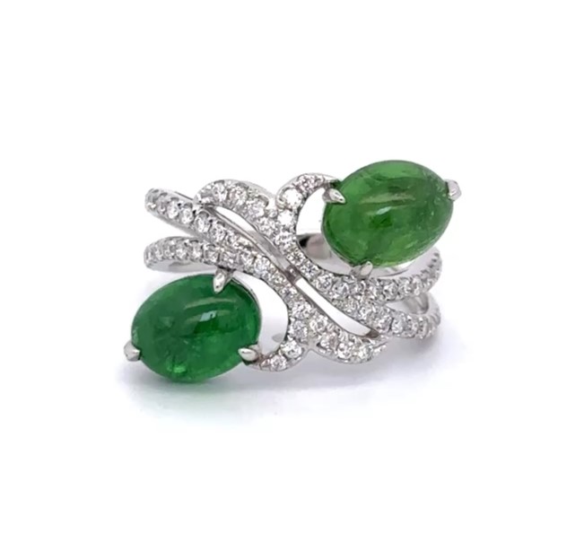 5 Carats Cabochon Tsavorite Diamond White Gold Ring
