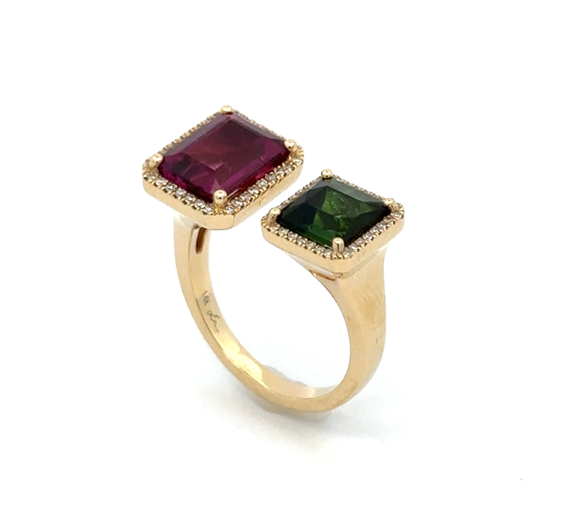 Pink & Green Tourmaline Open Style Yellow Gold Ring
