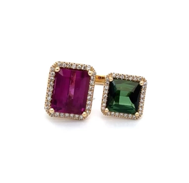 Pink & Green Tourmaline Open Style Yellow Gold Ring