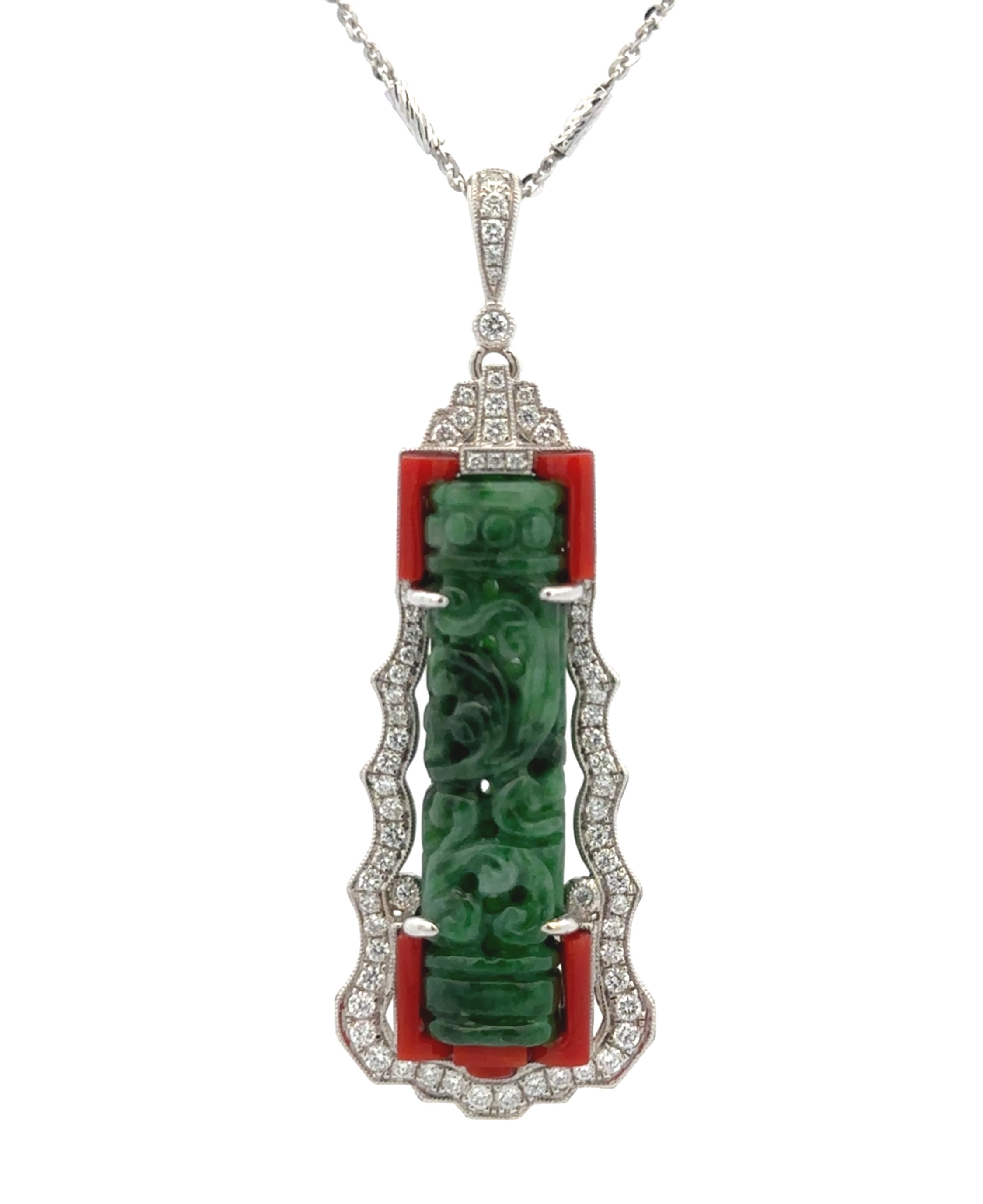 Carved Natural Green Jade Pendant With Chain