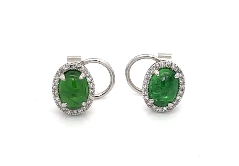 Over 2 Carats Total Weight Cabochon Tsavorite Diamond Earrings