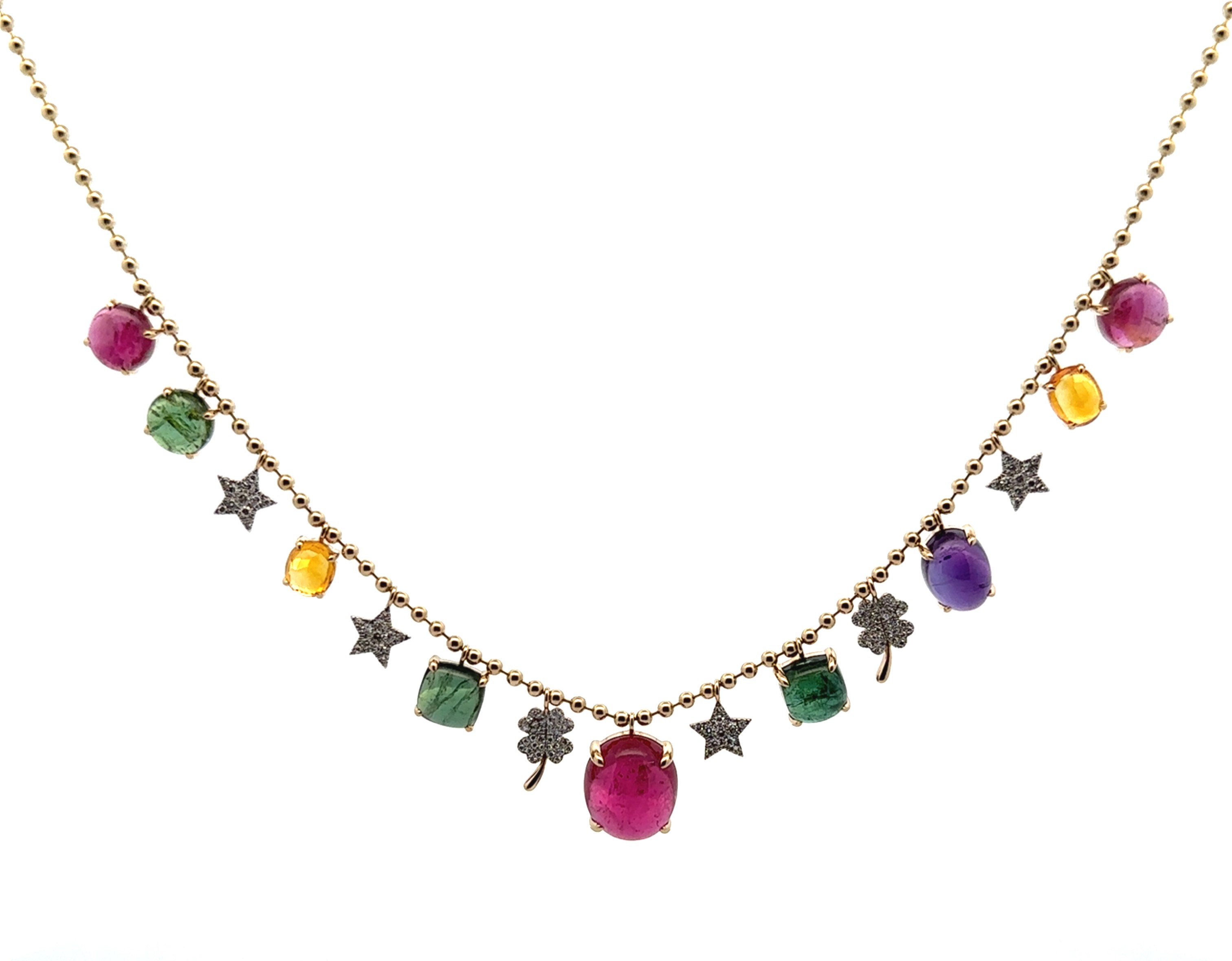 15 Carats Multi-Color Gemstones Yellow Gold Necklace