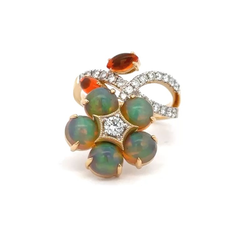 Floral Design Opal Ring In 18K Yellow Gold