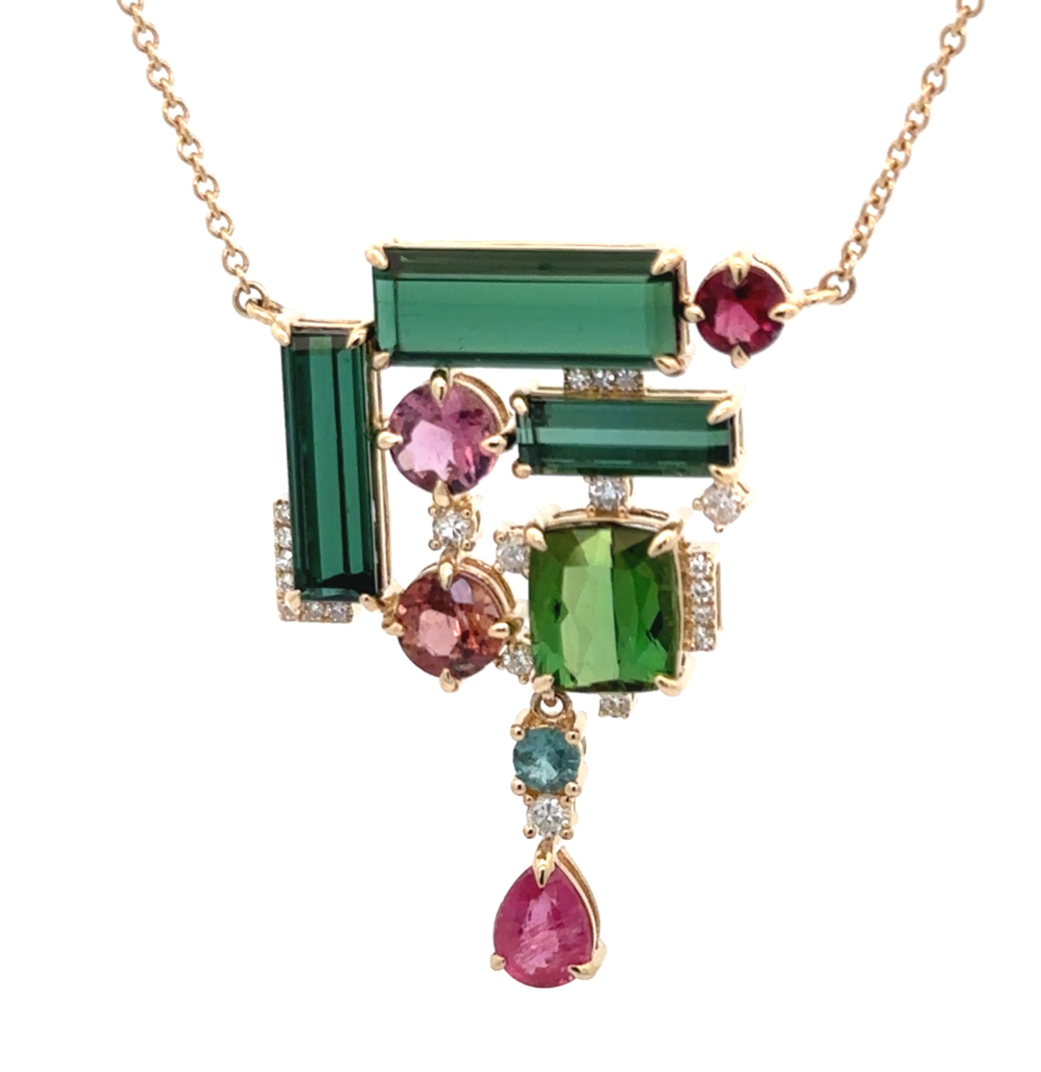 Over 9 Carats Multi-Color Tourmaline Yellow Gold Necklace
