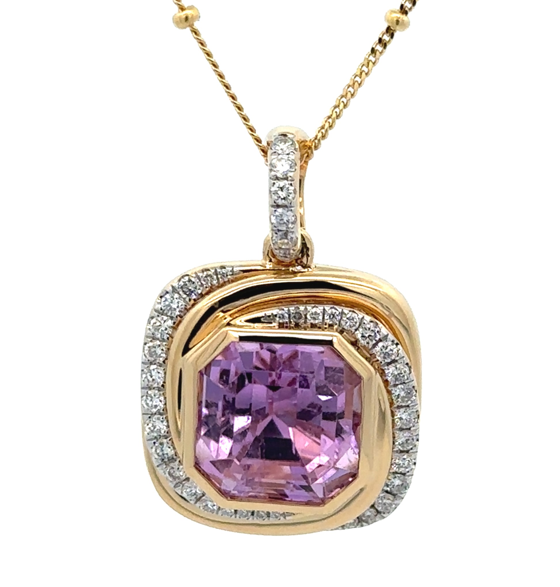 8 Carats Kunzite Yellow Gold Pendant With Chain