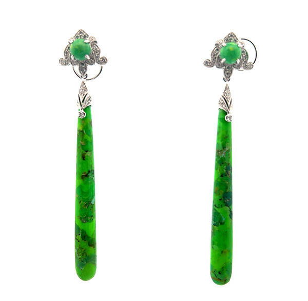 14K White Gold Diamonds Green Turquoise Earrings