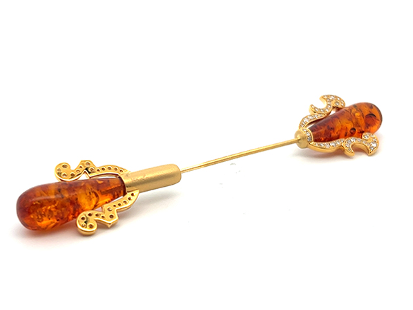 14K Yellow Gold Diamond Amber Pin