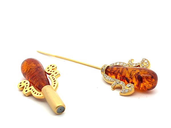 14K Yellow Gold Diamond Amber Pin